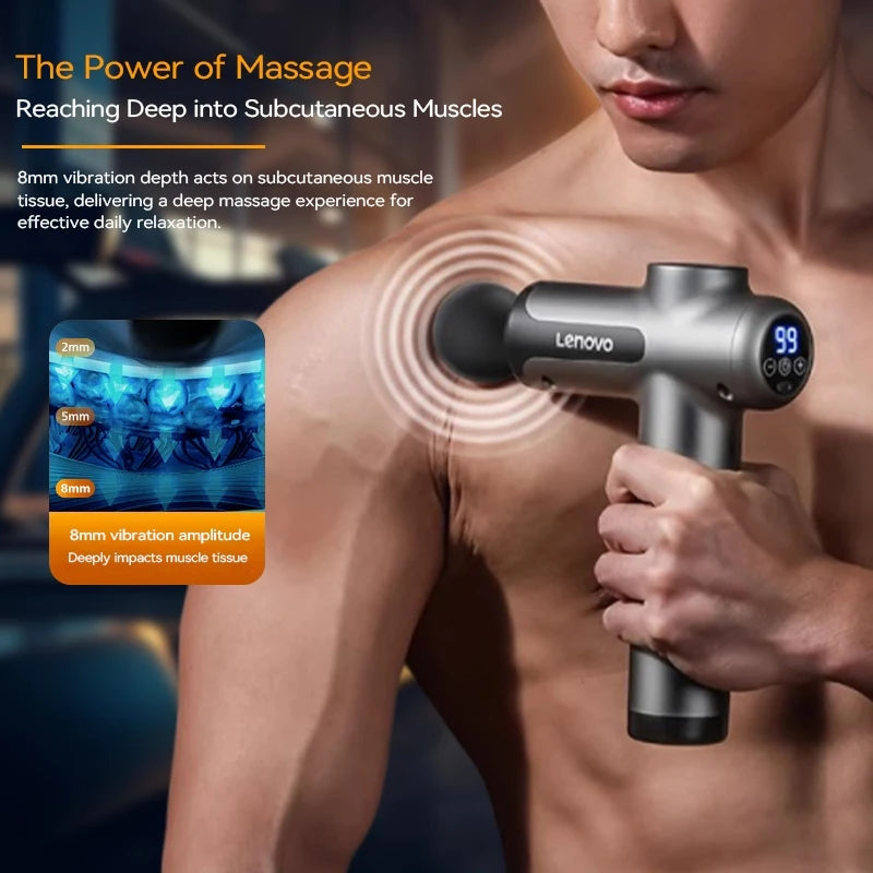 Lenovo Powerful Wireless Massage Gun – Deep Tissue Electric Massager with 8 Heads, Rechargeable