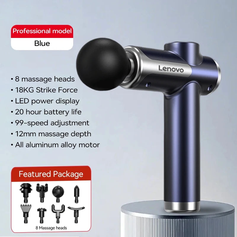 Lenovo Powerful Wireless Massage Gun – Deep Tissue Electric Massager with 8 Heads, Rechargeable