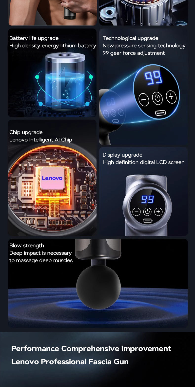 Lenovo Powerful Wireless Massage Gun – Deep Tissue Electric Massager with 8 Heads, Rechargeable