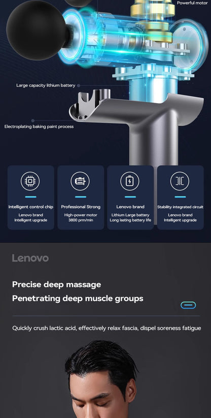 Lenovo Powerful Wireless Massage Gun – Deep Tissue Electric Massager with 8 Heads, Rechargeable