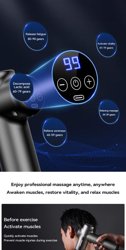 Lenovo Powerful Wireless Massage Gun – Deep Tissue Electric Massager with 8 Heads, Rechargeable