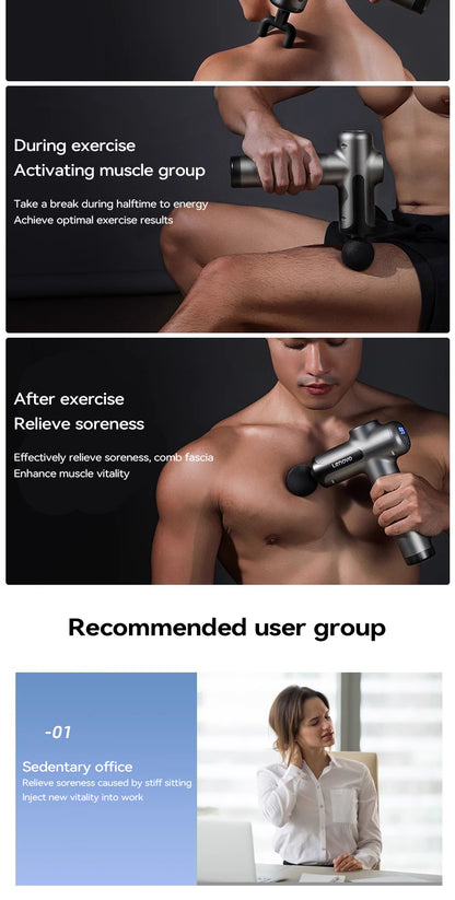 Lenovo Powerful Wireless Massage Gun – Deep Tissue Electric Massager with 8 Heads, Rechargeable