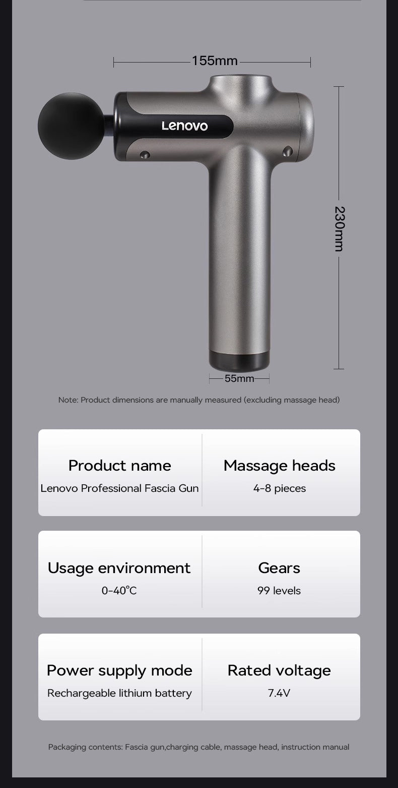 Lenovo Powerful Wireless Massage Gun – Deep Tissue Electric Massager with 8 Heads, Rechargeable