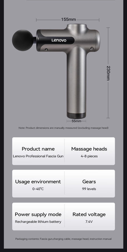 Lenovo Powerful Wireless Massage Gun – Deep Tissue Electric Massager with 8 Heads, Rechargeable